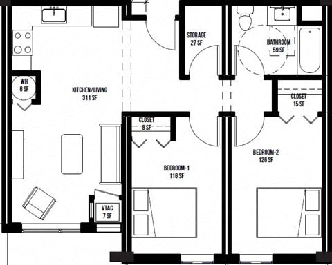 Floor plan for 2 beds, 1 bath, 726 sqft